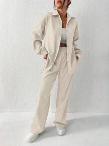 Flirla 2pcs Women Casual Button Down Shirt And Pants Set, Autumn 2 Pieces Set Pants Linen Set Women Wide Leg Pants Set Fall Cloth For Women - Apricot - View 4