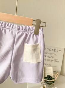 SHEIN 2pcs Waffle Knit Shirt & Shorts Set For Infant Toddler Unisex Baby Boy Girl 0-3 Years Old, Casual Daily Simple Contrast Color Outfit - Purple - View 6