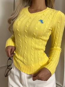 SHEIN EZwear Women's Casual Minimalist Embroidered Detail Sweater,Tops For School In Fall/Winter - Yellow - View 5