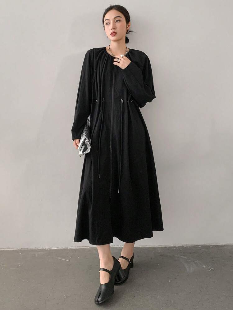 Mid-Length Casual Loose Drawstring Tie Waist Shirt Dress For Women, Minimalist Style,Fall Dress Long Sleeve Dress Maxi Dress