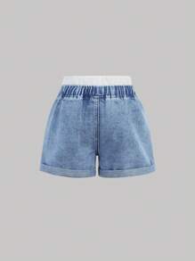 SHEIN Young Girl' Y2K White Drawstring Waist Blue Denim Shorts,Kid Girls Spring And Summer Casual Vacation Boho Homewear,Beach Outfits For Kid Girls - Light Wash - View 2
