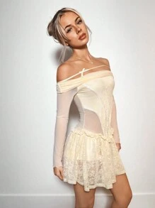 Sweetina 1 件 Y2k 露肩透明网眼蕾丝拼布休闲情人节连衣裙，简约时尚，适合日常穿着