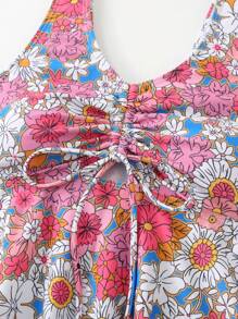 Swim Lushoire Summer Women's Casual Vacation Style Daisy Floral Print Front Tie Wide Strap Swim Dress