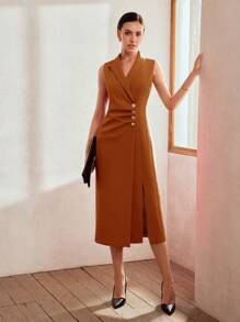 MOTF PREMIUM WOMEN SLEEVELESS WOVEN METAL BUTTON DRESS - Brown - View 4