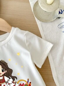 SHEIN Cartoon Girl Print, Madder Rose Girl, Muslim Shirt, Gift, Islamic Shirts, Short Sleeve Crew Neck Casual Top For Baby Girl, Suitable For Summer - Multicolor - View 4