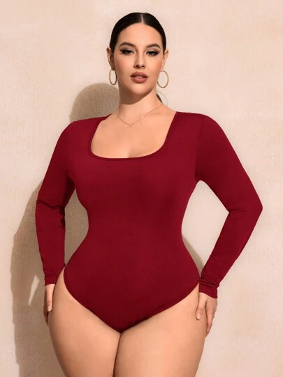 SHEIN SXY Plus Size Solid Color Square Neck Bodysuit, Long Sleeve