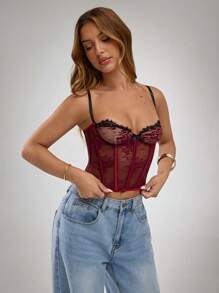 SHEIN BAE 女士约会之夜、女生聚会、生日派对、鸡尾酒会、情人节、夜总会装扮、节日派对性感深红色撞色蕾丝蝴蝶结装饰透视网眼细肩带吊带背心、情人节上衣、派对女士、深红色上衣、情人节内衣、日常通勤衬衫、可爱衬衫、性感夜总会上衣、新年女士装、束身衣上衣、露肩上衣、外出上衣、春季上衣、夏季上衣、可爱上衣、春季女士装 - 酒紅色 - 查看 5
