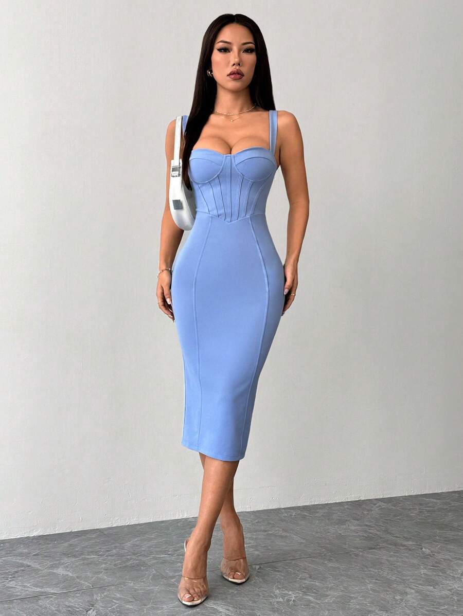 SHEIN PETITE 开叉后背紧身蓝色修身胸罩杯中长连衣裙 - 藍色 - 查看 1