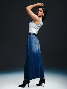 Denimoi High Side Slit Snap Button Maxi Skirt - Medium Wash - View 5