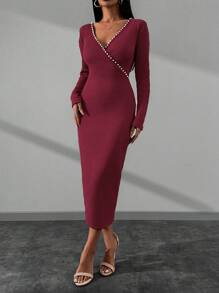 RueChic Embellished Pearl Detailed Beige V Neck Long Dress - Burgundy - View 4