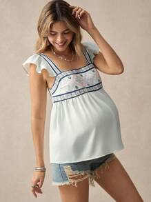 SHEIN Maternity Ruffle Trim Square Collar Simple Casual Blouse - Green - View 5