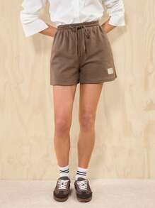 Easelle Summer Loose And Casual Brown Drawstring Waist Patched Detail Sports Shorts