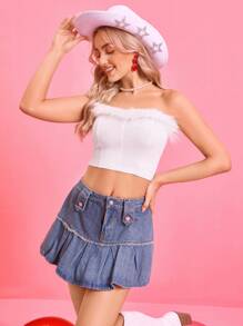 SHEIN LUNE 女士白色拼布兔毛饰边短款抹胸，情人节，短款上衣 - 白色 - 查看 5