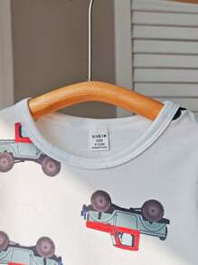 2pcs/Set Toddler Unisex Cute Cartoon Car Print Top And Gray/Green Shorts Outfit, Perfect For Baby Boy To Wear In Summer For All Occasions - Multicolor - View 8