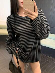DAZY Loose Striped Color-Block Panel Long Sleeve Long Tee For Women Preppy Tops,Fall Women Clothes - Grey - View 3