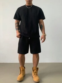 DAZY 2pcs Men's Summer Outfit: Patchwork Contrast Color T-Shirt And Shorts Set - Black - View 6