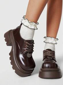 ROMWE Fairycore 女士经典棕色高跟封闭式鞋头系带玛丽珍鞋、厚底鞋、办公室/工作牛津鞋、圆头厚底乐福鞋