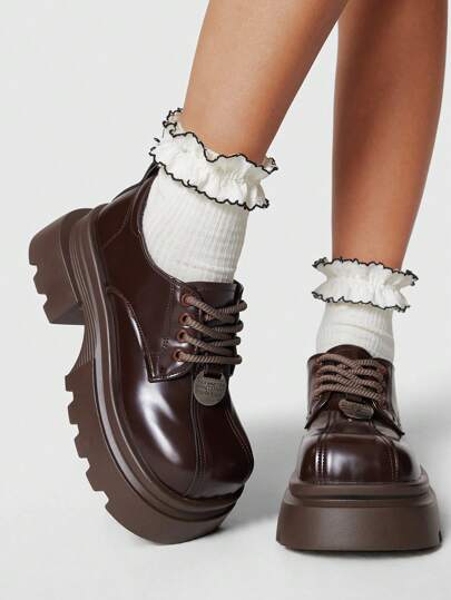 Fairycore Women's Classic Brown High Heel Closed Toe Lace-Up Mary Jane Pumps, Flatform Shoes, Office/Work Oxfords, Round Toe Platform Loafers