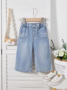 SHEIN Baby Girl Y2K Blue Front Snap Pockets Casual Loose Jeans , Kid Spring And Summer Casual Vacation Country Boho Wear, Beach For Kid Girls, Western Street Wear For Girl, Spring Break, Rave Festival Denim Pants - Light Wash - View 7