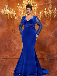 Glamrae Plus Size Elegant Blue Exaggerated Shoulder Pad Pearl Embellishment Long Sleeve High Waist Pleated Fishtail Hem Formal Evening Dress, Ball Gown Suitable For Wedding Guests, Graduation Ceremony, Dinner Party
