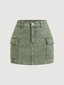 SHEIN MOD 女式绿色牛仔紧身迷你裙，休闲弹力，女式夏季，低腰牛仔裙，圣帕特里克节绿色裙子，狂欢节，圣帕特里克节，春假裙子，伊比沙岛版型 - 綠色 - 查看 1