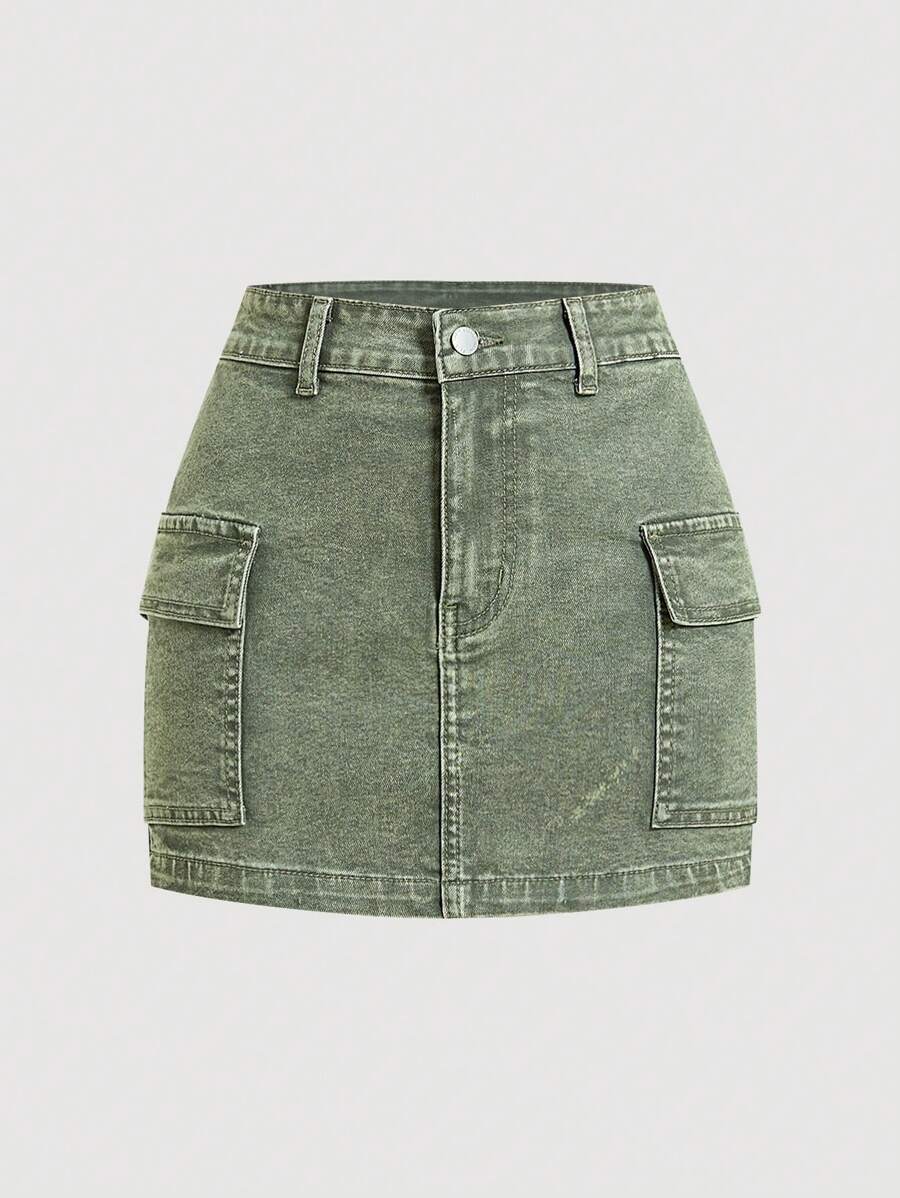 SHEIN MOD 女式绿色牛仔紧身迷你裙，休闲弹力，女式夏季，低腰牛仔裙，圣帕特里克节绿色裙子，狂欢节，圣帕特里克节，春假裙子，伊比沙岛版型 - 綠色 - 查看 1