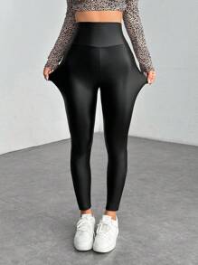 SHEIN PETITE PU Leather Solid Color Casual Pants, Simple And Fashionable For Daily Wear