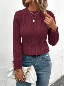 EMERY ROSE Women's Solid Color Crew Neck Long Sleeve Casual Pullover Sweater, Spring Autumn, Knit Pullover Fall Winter - Burgundy - View 6