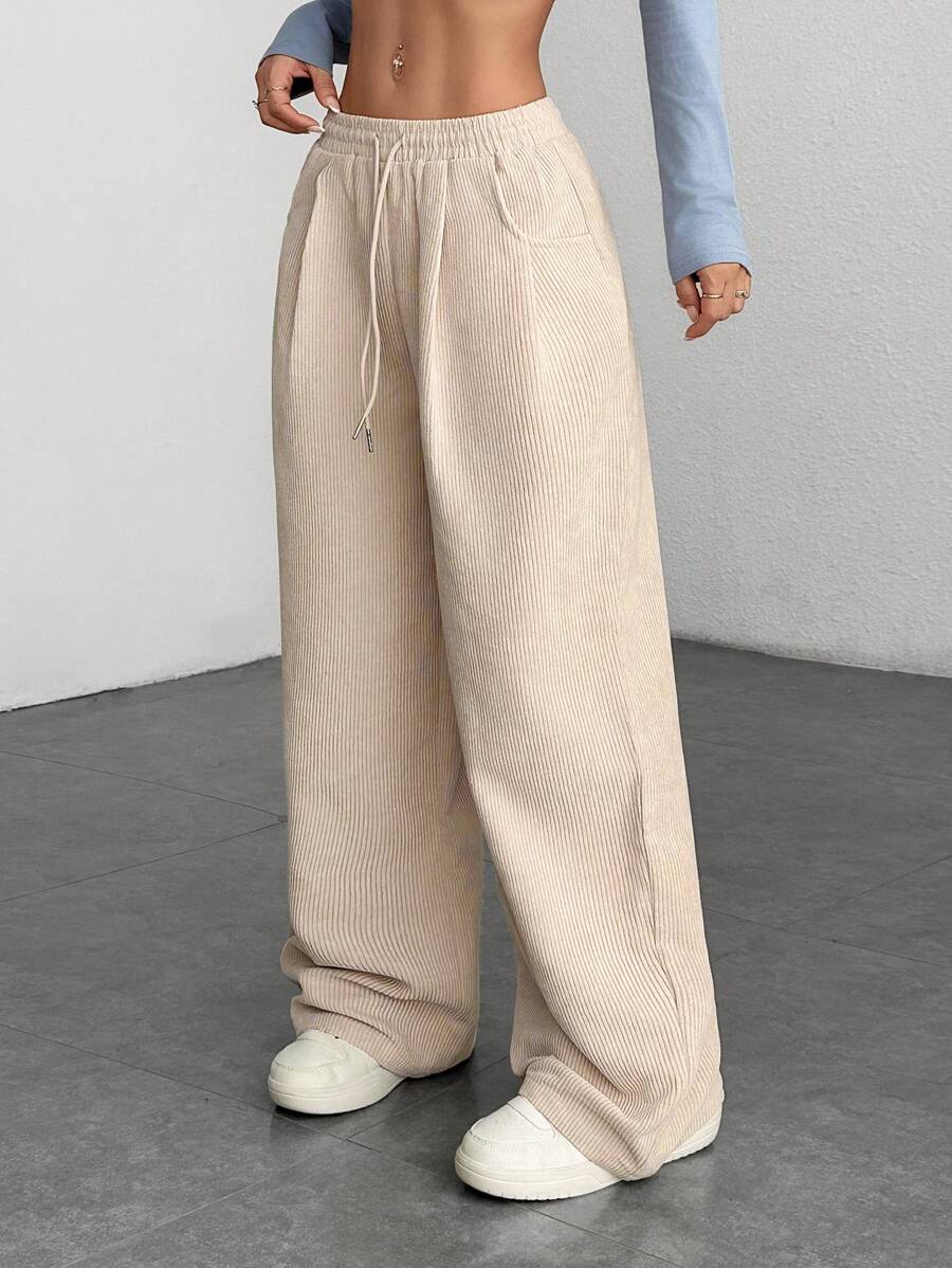 SHEIN PETITE Women's Autumn And Winter Street Fashion Casual Retro Corduroy Textured Pants - Apricot - View 1