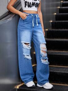 SHEIN 适合少女的时尚破洞阔腿休闲直筒牛仔裤，百搭 - 深色水洗藍 - 查看 5