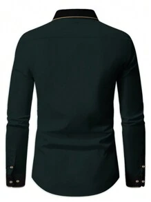 Manfinity Mode Men's Contrast Color Stitching Stand Collar Long Sleeve Shirt,Dark Green,Autumn,Business Casual,Elegant,Evening Party,Formal Designer Shirts For Men - Green - View 2