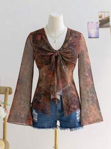 Soleia Áo cánh thời trang bó sát tay loe đan lưới in họa tiết cổ chữ V cho nữ, thích hợp cho kỳ nghỉ, tiệc tùng, lễ hội âm nhạc, lễ Phục sinh, lễ hội hóa trang, trà chiều, xuân/hè - Nhiều màu - Xem 3