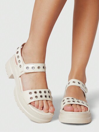 Grunge Punk Women's Dark Gothic Punk Rock Style Strap Rivet Sandals, Open Toe Roman Beach Vacation Soft Sole Wedge Platform Sandals