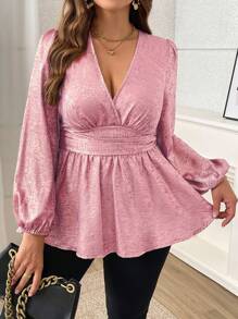 Celure 大码闪光 V 领扭纹长袖休闲衬衫 - 淺粉色 - 查看 5