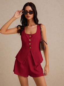 Poéselle Summer Linen Suit, Two-Piece Suit, Business Casual Suit, Comfortable And Breathable Fabric, Suitable For Daily Commuting Out Of The Street Wear Women's Summer Casual Solid Color Vest And Shorts Suit Two Piece Short Set