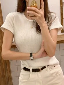 DAZY Áo thun nữ cổ tròn tay ngắn bó sát màu trơn, màu mơ, xuân/hè, trang phục công sở thường ngày cho nữ, áo crop top cho nữ - Màu be - Xem 5