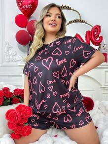 针织爱心印花圆领短袖短裤套装，情人节 - 黑色 - 查看 3