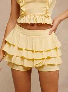 SHEIN Unity Women Clothes, Romantic Elegant Butter Yellow Solid Low Waist Tiered Ruffle Shorts, Women Shorts, Summer Shorts, Mini Skirt. For Date Night, Concerts, Performances, Parties, Clubs