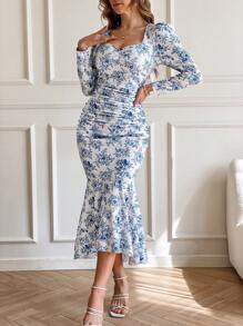 SHEIN VCAY Women's Elegant  Long Sleeve Knit Printed Sweetheart Neck Ruffle Hem Fitted Dress,Wedding Guest Dress,Cute Summer Dress,Summer Clothes ,European Summer - Blue and White - View 5