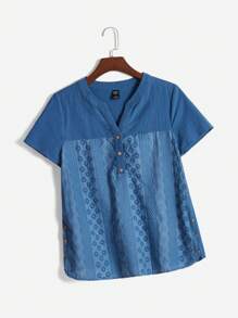 EMERY ROSE Women's Summer Cotton Embroidered V-Neck Short-Sleeve Shirt - Dusty Blue - View 5