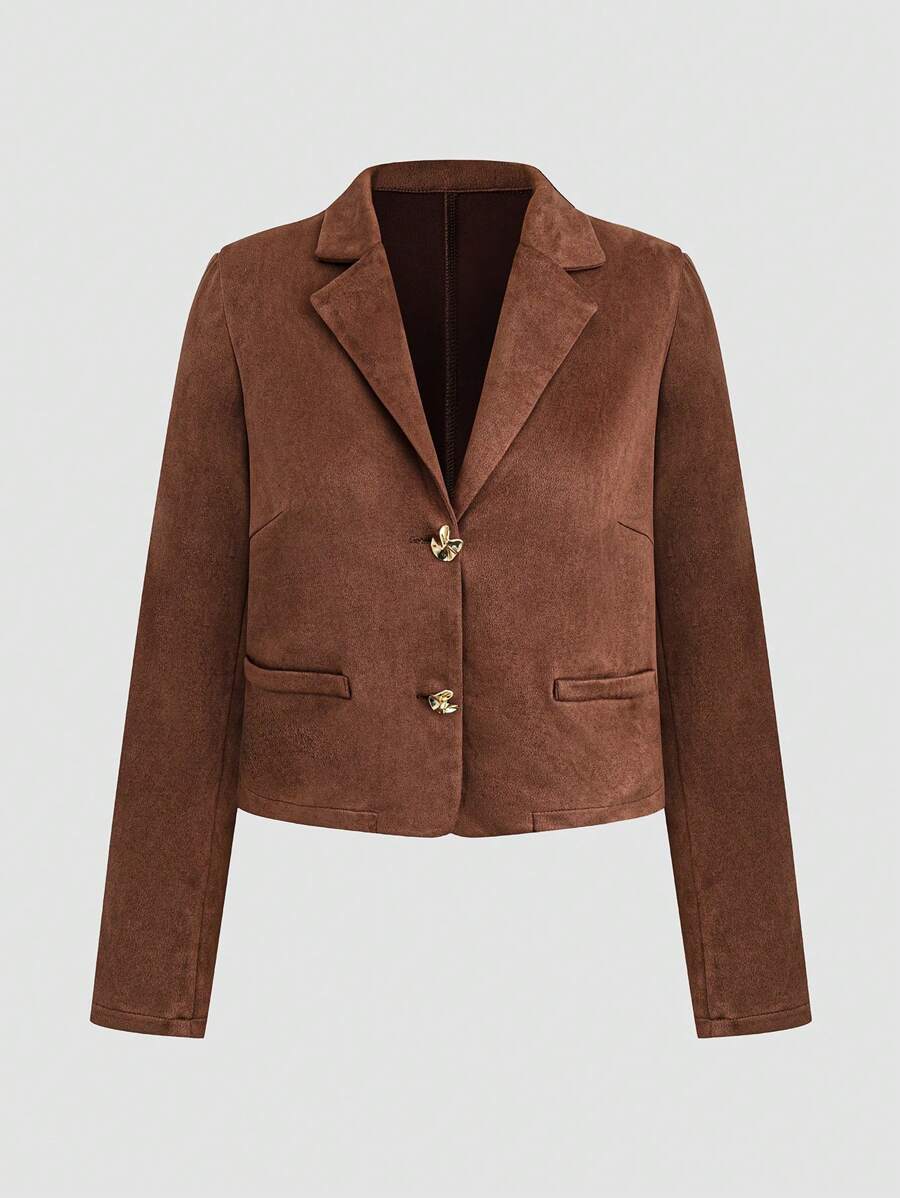 Flirla Plus Size Women's French Fashion Solid Color Faux Suede Lapel Oversize Metal Buckle Epaulet Blazer, Autumn/Winter Fall Cloth For Women - Brown - View 1