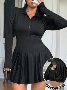 SHEIN EZwear Tuta nera taglia forte con gonna plissettata e collo a lupetto, abbigliamento primavera estate, outfit per studenti universitari