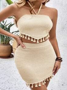 SHEIN VCAY Plus Size Boho Solid Color Halter Backless Tassel Hem Blouse And Mini Skirt 2 Pieces Set, For Summer,Holiday Outfits Boho - Apricot - View 4