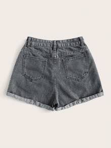 SHEIN EZwear 女士休闲卷边斜口袋牛仔短裤 - 淺灰色 - 查看 2