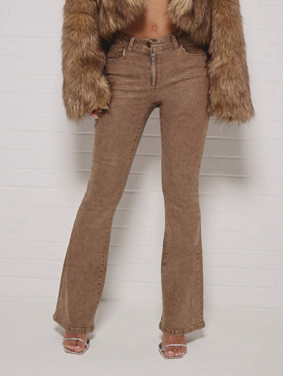 SUMWON WOMEN Designer Flared Jeans Y2K Style High Waist Bell Bottom Denim Pants Retro Waxed Finish Casual Fashion Statement Fall Winter