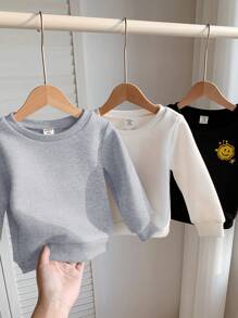SHEIN Leap Crew 3 件套婴儿/幼儿可爱笑脸卡通图案休闲运动街头百搭圆领套头衫运动衫，黑色、白色、米色，适合春季、秋季、冬季 - 彩色 - 查看 2