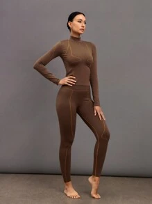 Activina 1 Set Women Stand Collar Long Sleeve Minimalist Top & Full Length Pants, Seamless Activewear Set - Brown - View 4