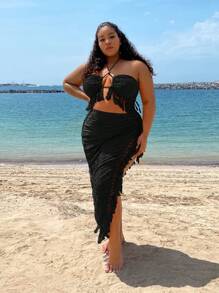 SHEIN SXY Plus Size Resort Wear Beach Vacation Summer Textured Fabric Fringe Tassels Crop Halter Top & High Side Slit Skirt Two Pieces Set For Vacation,Holiday Outfits Boho - Black - View 5