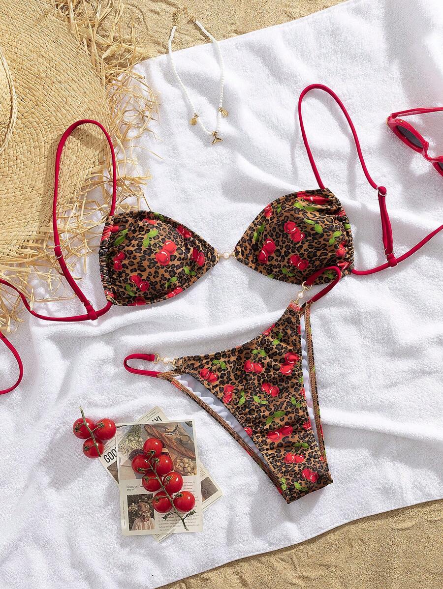 SHEIN Swim Conjunto de bikini de 2 piezas para mujer con estampado de cerezas y leopardo, sexy, con escote halter y espalda descubierta, perfecto para el verano - Multicolor - Ver 1