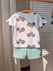 2pcs/Set Toddler Unisex Cute Cartoon Car Print Top And Gray/Green Shorts Outfit, Perfect For Baby Boy To Wear In Summer For All Occasions - Multicolor - View 2